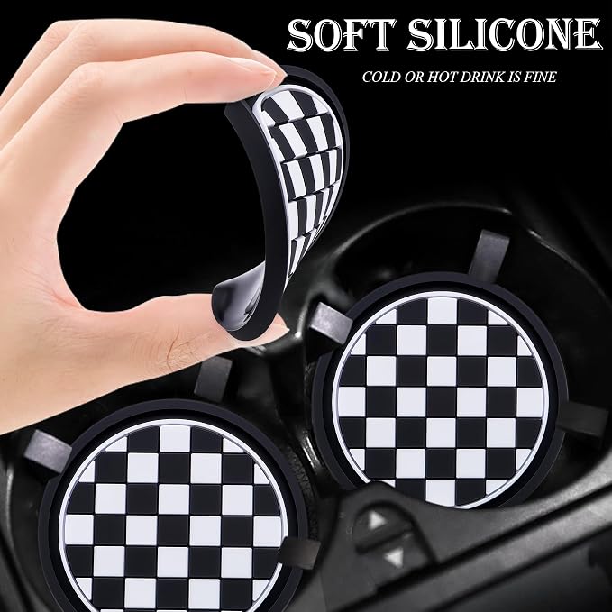 4PCS Car Cup Holder Coaster – 2.75 Inch Anti-Slip Auto Insert Cup Mat – Universal Fit for Women & Girls – Interior Decor Accessories (Checkerboard)