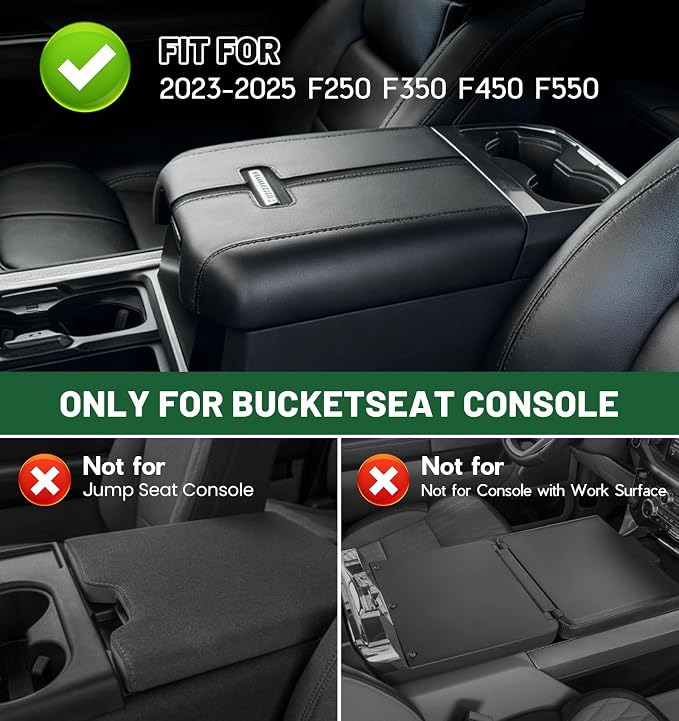 Sinvanho Center Console Cover for 2023 2024 2025 Ford F250 F350 F450 F550 Super Duty, PU Leather Armrest Box Cover, Truck Interior Accessories with Hidden Pockets (Fits Bucket Seat Console Only)