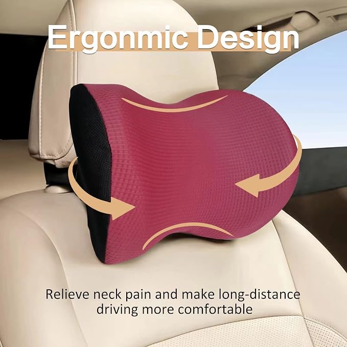 Super Versatile Car Headrest Pillow, Soft Car Pillow for Neck Pain Relief | Adjustable Strap, 100% Memory Foam & Breathable Removable Cover, Ergonomic Design - Travel Car Neck Pillow(Wine-Red, 1PC)