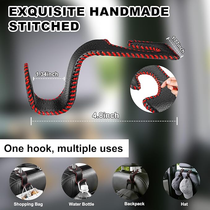 EldHus Car Seat Hooks for Purses and Bags, 4 Pack Car Purse Holder for Grocery Bag Handbag Clothes, Metal Headrest Hooks Covered by Leather, Black Red
