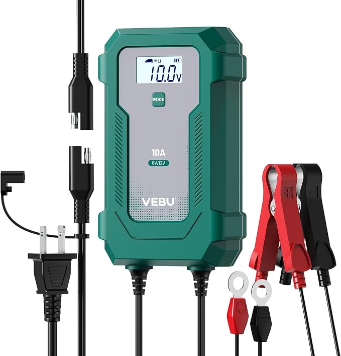 10A 6V/12V Smart Battery Charger- Automatic Maintainer, Trickle Charger & Desulfator with Overcharge Protection, Plug & Play Design for Lead-Acid & LiFePO4 Batteries
