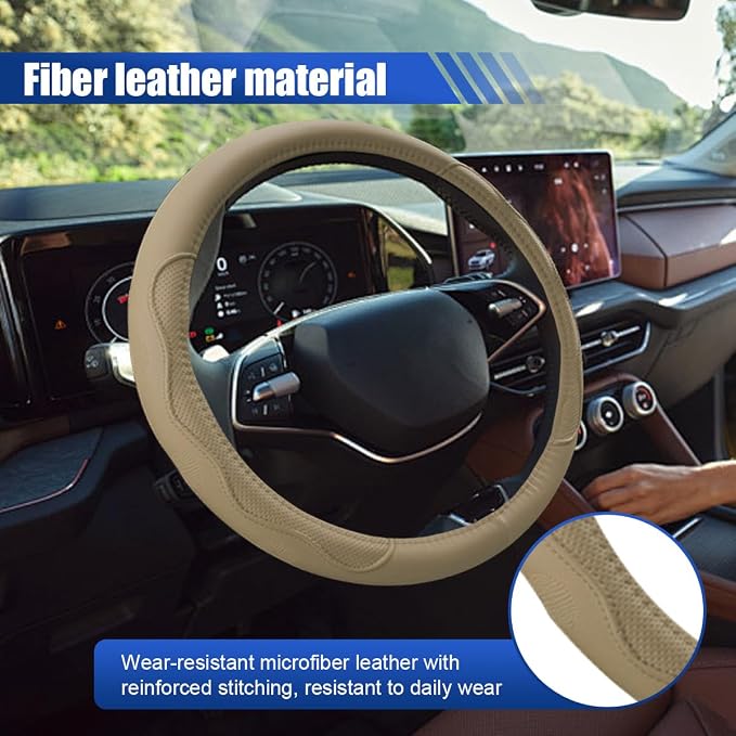 15 Inch Leather Car Steering Wheel Cover for SUV, Truck, Beige | Anti-Slip Breathable Automotive Steering Wheel Protector, Universal Heat Resistant Vehicle Interior Accessories
