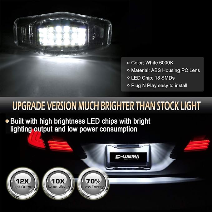 D-Lumina LED License Plate Light Tag Lamp Assembly Replacement Compatible with Honda Civic Accord Sedan Odyssey Pilot Acura MDX TSX TL ILX RDX RL, Powered by 18-SMD 6000K White Pack of 2