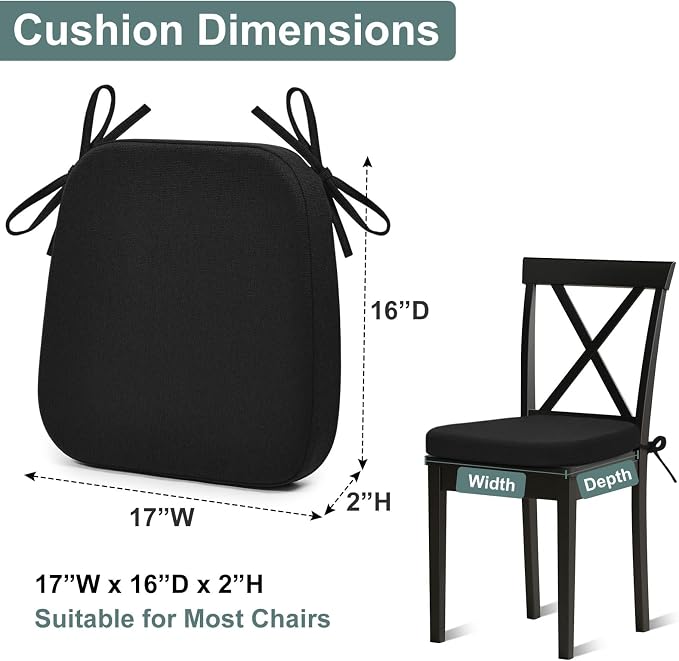 Shinnwa Dining Chair Pads, Patented Design Memory Foam Kitchen Chair Cushions with Ties and Washable Cover, 17" x 16" x 2", Black