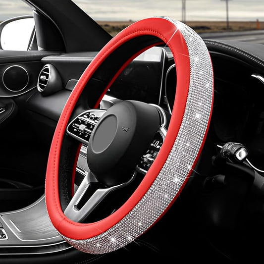 Diamond Leather Steering Wheel Cover, 15 Inch Bling Crystal Rhinestone Anti-Slip Wheel Protector, Universal Sparkling Elegant Diamond Steering Wheels Cover for Women Girl (White&Red)