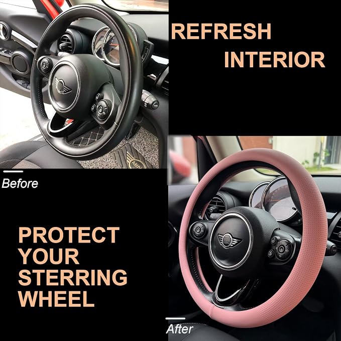 PINCTROT Large Size Nappa Leather Steering Wheel Cover, Slim Fit No Bulk Design, One Piece Leather with Breathable Perforation, Fit Like Gloves, 15.5-15.75 Inch(Nappa Pink)