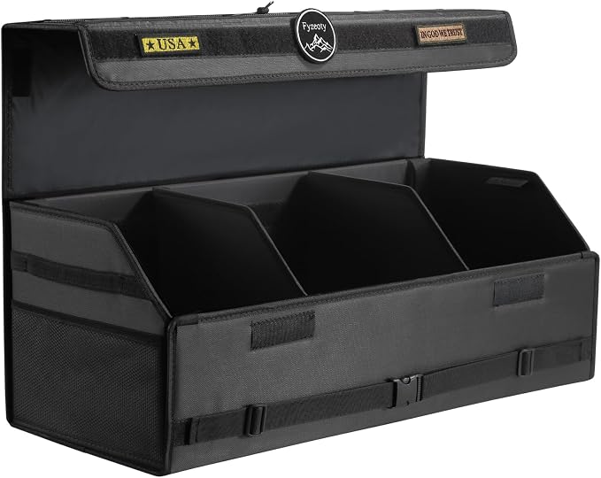 Fyzeoty Car Trunk Organizer for SUV and Sedan, Tactical‑Black, 29.5 in | Tactical & Aerospace Oxford, Extra‑Large, Hinged Lid, Collapsible & Adjustable, Water‑Resist & Dust‑Proof