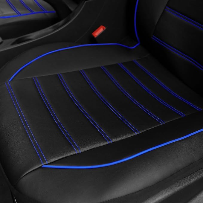 TOYOUN Classic Universal PU Leather Car Front Seat Covers High Back Bucket Seat Cover - Fit Most Cars, Trucks, SUVS, or Vans 2 PCS Blue Trim Auto Seat Covers Set Car Seat Protector for All Seasons