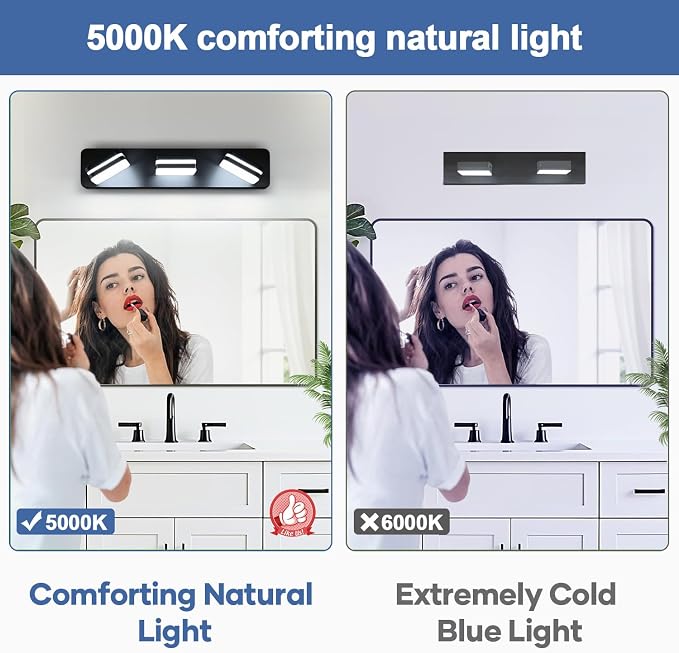 Torondo 360° Rotate LED Bathroom Vanity Light Fixtures, Acrylic Vanity Lights for Bathroom, Modern Wall Lighting Fixtures Over Mirror Living, Matte Black, 100%-0% Natural White, 3-Light, 17-Inch
