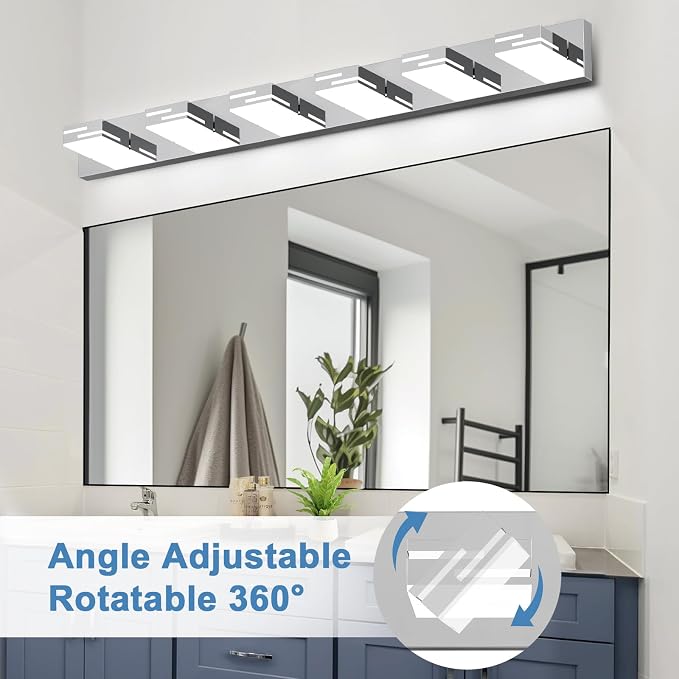 LED Modern Bathroom Vanity Light Fixtures, Dimmable Chrome Vanity Lights for Bathroom Lighting Fixtures Over Mirror, with 360° Rotatable Heads 6-Light 42-inch (Cool White 6000K)