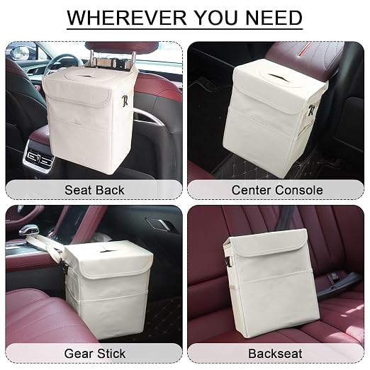 Car Trash Can Bin with Lid - Collapsible Car Garbage Can with Storage Pockets-Beige Mini Leakproof Vehicle Trash Bag-Small Automotive Organizers and Storage for Back/Front Seat SUV Truck Accessories
