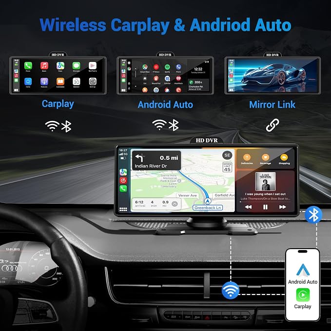 10.26" Wireless Apple Carplay Screen for Car with 4K Dash Cam | Apple Carplay & Android Auto, Touchscren with 1080p Backup Camera, Mirror Link/Voice Control/Music Play/GPS Navigation