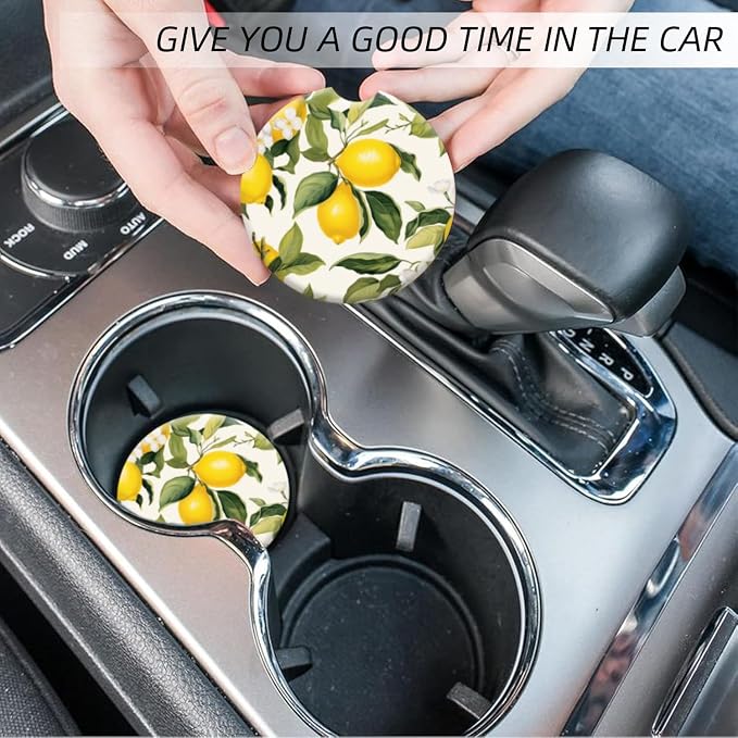 Cup Holder for Car,Lemons and White Flowers Ceramic Coasters Non-Slip Cup Holder Insert with Fingertip Grip, Auto Interior Accessories for Women & Men,Pack of 2, 2.56In