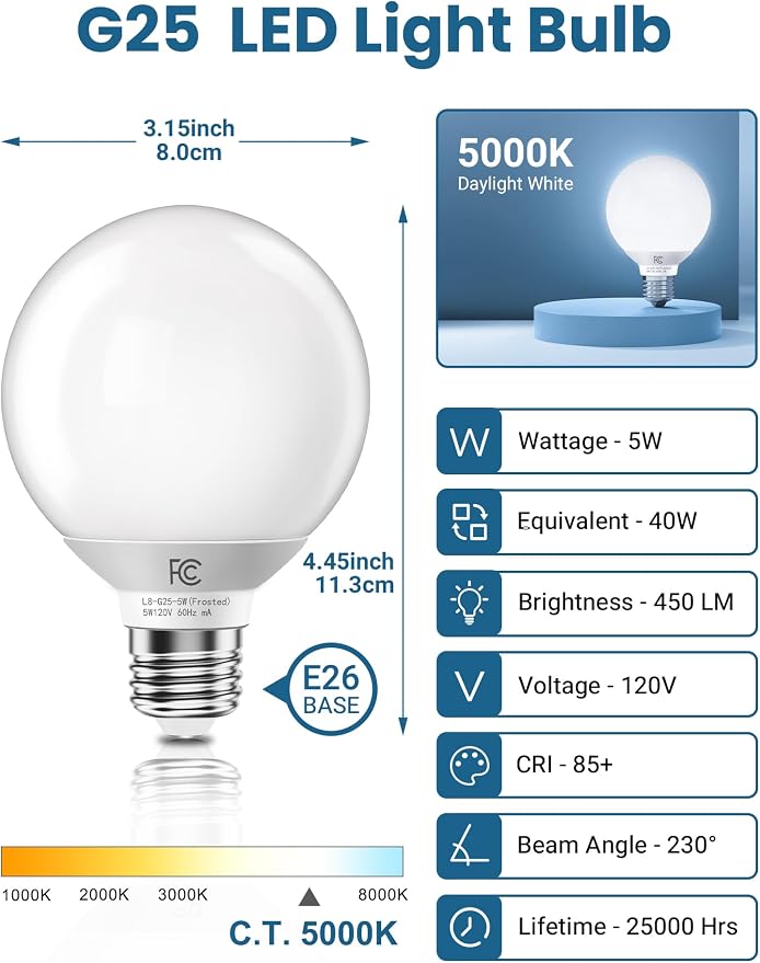 TJOY G25 LED Globe Light Bulbs, Vanity Light Bulb for Bathroom 40W Equivalent, 5000K Daylight White E26 Base, Round Decorative Bulb for Vanity Makeup Mirror, CRI85+, 450LM, Non-Dimmable, UL, 4 Pack