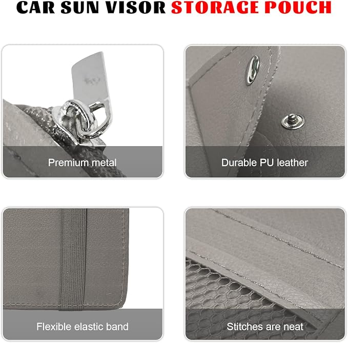 Car Sun Visor Organizer, Multifunctional Auto Visor Storage Bag with Net Pocket & Eyeglass Clamp, Waterproof Multi-Pocket Storage Pouch Ticket Organizer for Car Sun Visors (Gray)