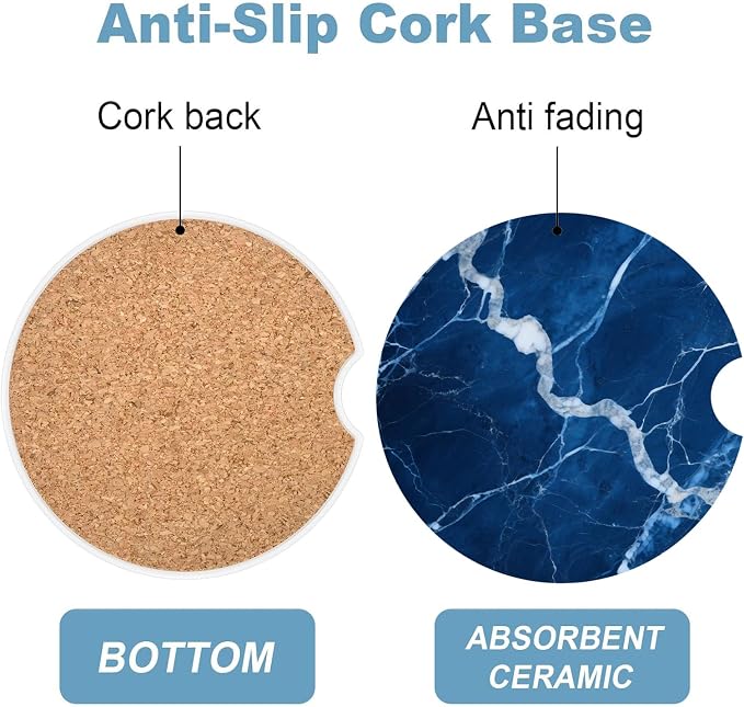 Car Cup Holder Coaster Set of 2, 2.56 in Ceramic Coasters, Scratch-Resistant Cork Backing, Finger Groove Design for Easy Placement, Cute Car Accessories Interior for Women (Dark Blue Marble)