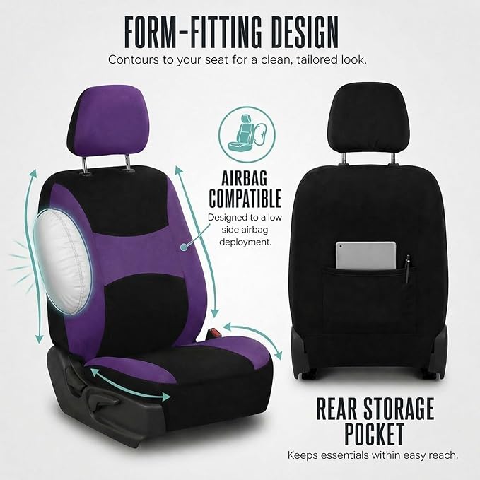FH Group Full Set Car Seat Covers Cloth, Universal Fit combo, Set with Steering Wheel Cover and Seat Belt Pad fits Most Cars, SUVs, Trucks Purple