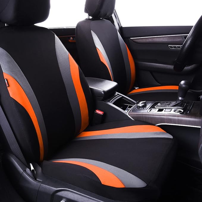 CAR PASS Line Rider Sporty Cloth 11PCS Universal Fit Car Seat Cover -100% Breathable with 5mm Composite Sponge Inside,Airbag Compatible,3zipper Bench(Full Set, Black and Orange)