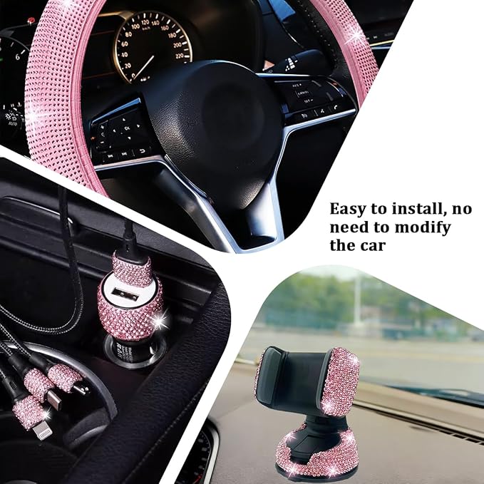27PCS Bling Car Accessories Set for Women, 14.5-15" Crystal Rhinstone Steering Wheel Cover, License Plate Frame, USB Charger Phone Holder, Girly Auto Interior Decor Set, Universal Fit (Pink)