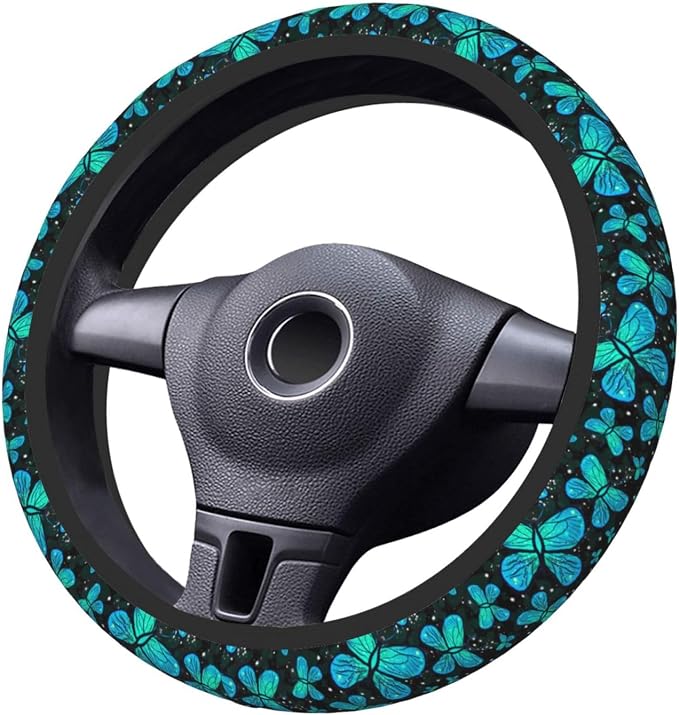 Butterfly Turquoise Green Steering Wheel Cover For Women Men Girls Car Accessories Decor Anti-Slip Neoprene Auto Steering Wheel Covers Protector Universal 15 Inch