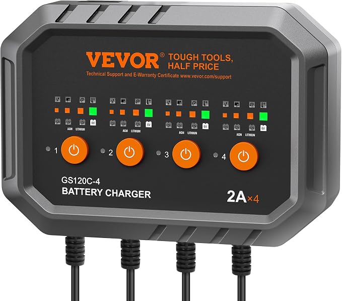 VEVOR Smart Battery Charger, 2A x 4, LiFePO4 Lead-Acid (AGM/Gel/SLA) Car Battery Charger, Fully-Automatic Charger Maintainer Desulfator for Boat Motorcycle Lawn Mower Golf Cart Marine Deep Cycle