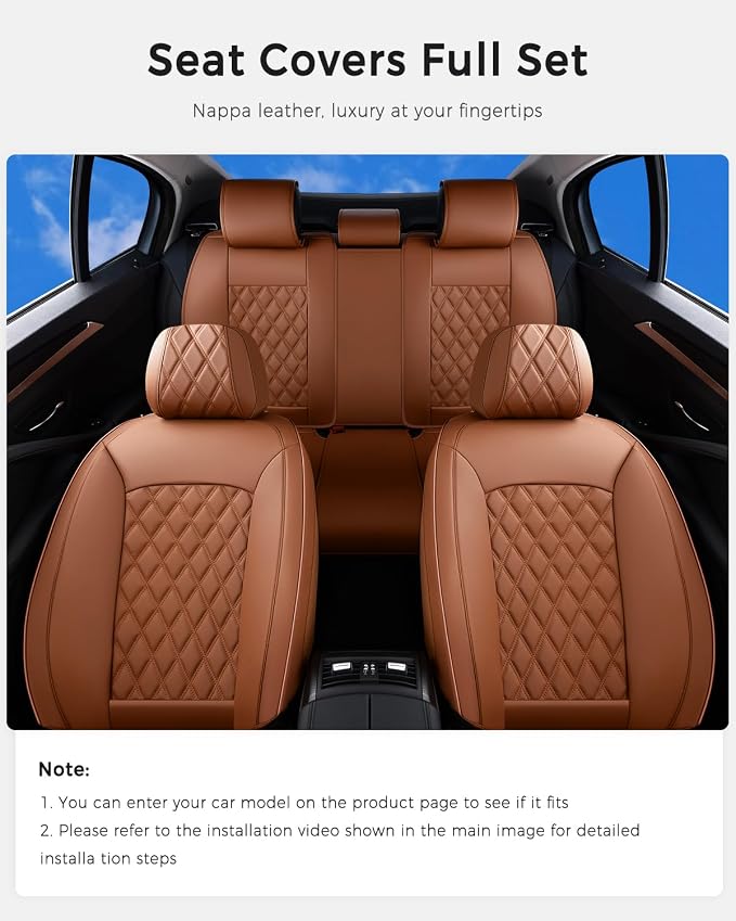 Huidasource Brown Seat Covers, Nappa Leather Car Seat Covers, Velcro Adjustable, Compatible with Airbags, Child Seat, Seat Belts, Fit for Most Cars, Vans, Trucks, SUVs (Full Set/Brown)