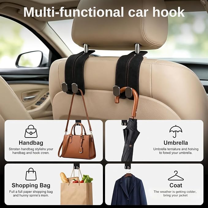 2 Pack Black Headrest Hooks for Car, Heavy Duty Purse Hook Holder Universal Vehicle Storage Organizer for Purses Bags Accessories