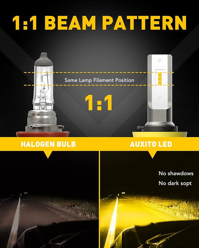 AUXITO H11/H8/H16 LED Fog Light Bulbs or DRL, 6000 Lumens 3000K Amber Yellow Light, 300% Brightness, CSP LED Chips Fog Lamps Replacement for Cars, Play and Plug (Pack of 2)