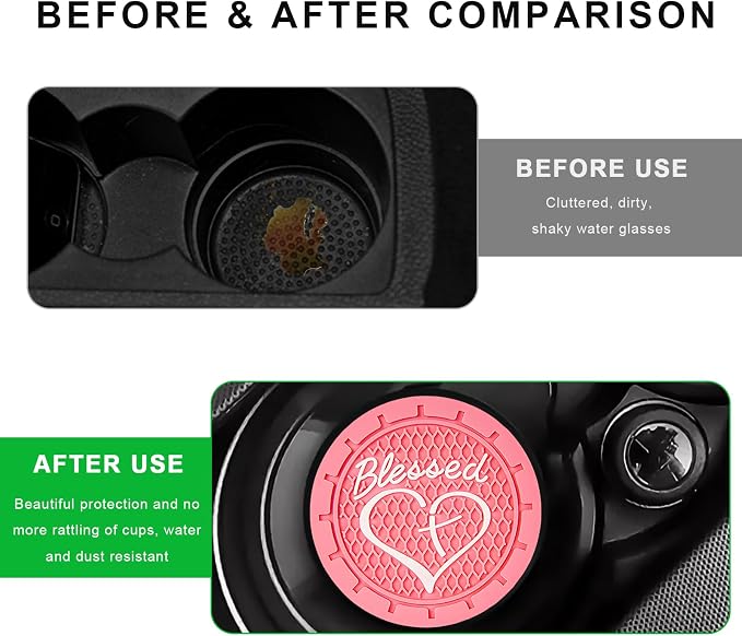 4 PCS Car Cup Holder Coaster, 2.76 Inch Soft PVC Non-Slip Blessed Cross and Heart Christian Car Cup Coasters, Auto Interior Shockproof Insert Drink Mat for Most Vehicles (Pink)