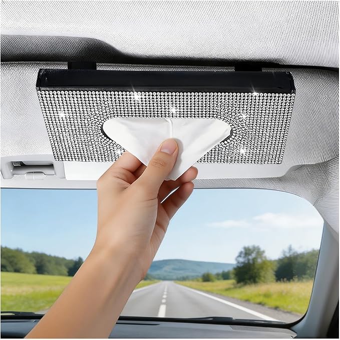 Bling Car Visor Tissue Holder, Shiny Rhinestone Leather Sun Visor Napkin Mask Case Holder Clip, Diamond AUT Paper Tissue Towel Box Dispenser, Universal Fit (White/Black)
