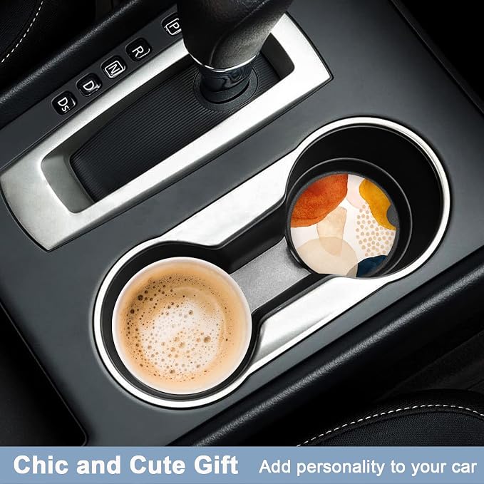 Nipichsha Car Coasters for Cup Holders, 2 Pack Absorbent Ceramic Car Cup Holder Coaster for Drinks, Cute Auto Assecories for Women Men, Size 2.56 in with Finger Notch & Cork Base, Simple Art