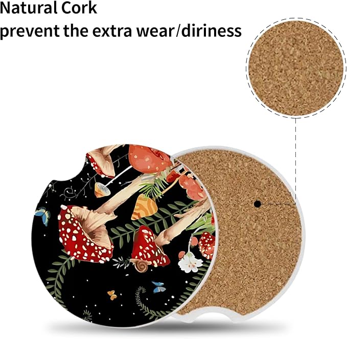 2 Pack Cute Mushroom Pattern Absorbent Car Coasters for Cup Holders,2.56" Ceramic Coasters with Cork Back and Finger Slot,Auto Accessories for Women & Men.