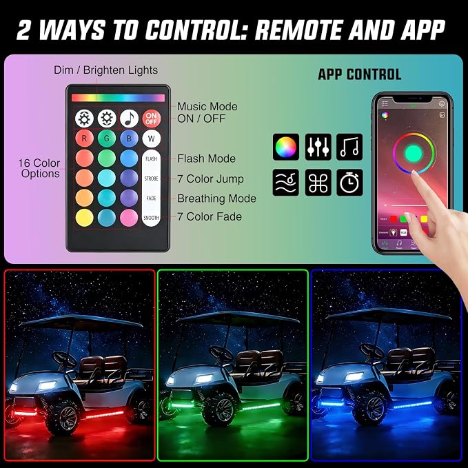 Nilight 4PCS Golf Cart Underbody Lights Kit RGB Multi-Mode LED Neon Accent Lighting Lamp APP Remote Control Sound Active Music Sync IP67 Waterproof 12V-66V for EZGO Yamaha Club Car