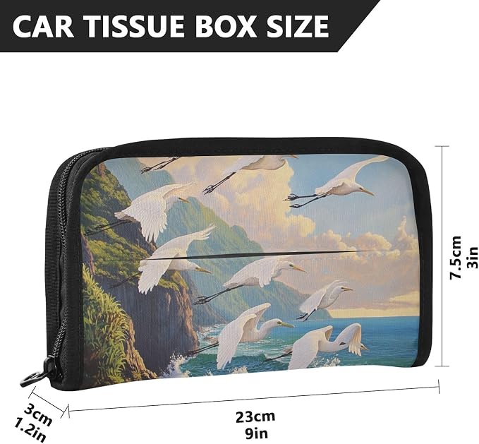 White Egret Fly Coastline Car Tissue Holder Durable Napkin Holder Hanging Tissue Holders Case Car Tissues Bag for Sun Visor Seat Back Universal Auto