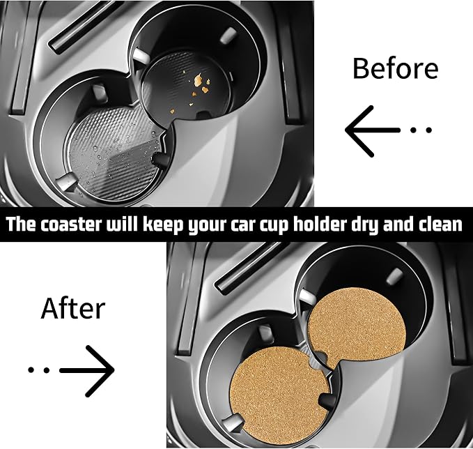 24 Pcs Car Coasters Cup Holder Insert Coaster, Absorbent Cork Bar Coaster, Heat Resistant Reusable Anti Slip Drink Coaster with Fingertip Grip for Easy Removal, Car Decor Auto Accessories for Women