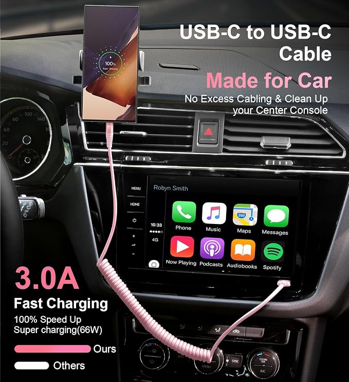 USB C to C Cable 3FT for Car, Coiled USB C Fast Charging Cable iPhone USB-C | Cable 2Pack for CarPlay/Android Auto USB C Cord, USB Type C Cable for iPhone 17/16/15/Samsung Galaxy S23 and More-Pink
