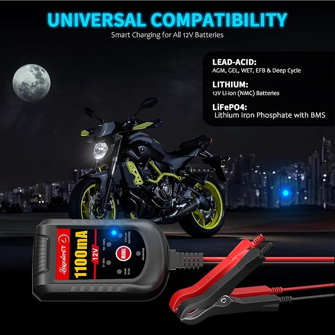 Motorcycle Battery Charger and Maintainer 12V, 1.1Amp Smart Trickle Charger - Automatic Float Charger for Cruiser Sport Bike ATV Scooter Dirt Bike Lawn Mower, LiFePO4 Lithium Lead Acid AGM Gel