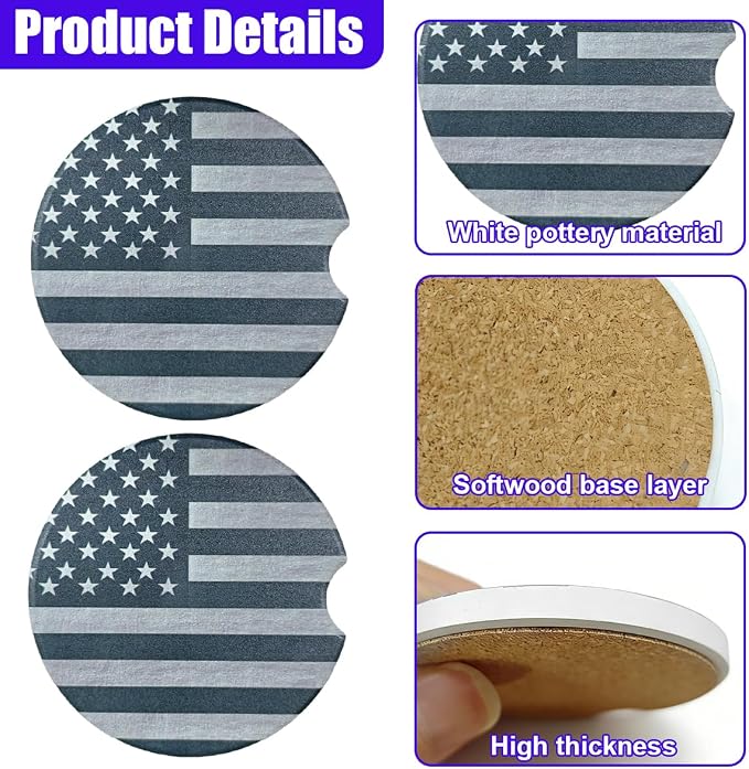 Craedli 2PCS American Flag Car Coasters for Cup Holders, 2.51" Absorbent Ceramic Anti-Slip Drink Insert Car Cup Holder Coaster with Finger Notch, Universal Auto Interior Accessory for Women Men (Gray)