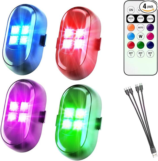 Wireless LED Lights for Car 4PCS, Interior Car Lights with Remote, USB-C Charging Strobe Lights, 80H Battery 8 RGB Colors IP65 Waterproof Ambient Lighting Car Accessories for Trucks Motorcycles Bike