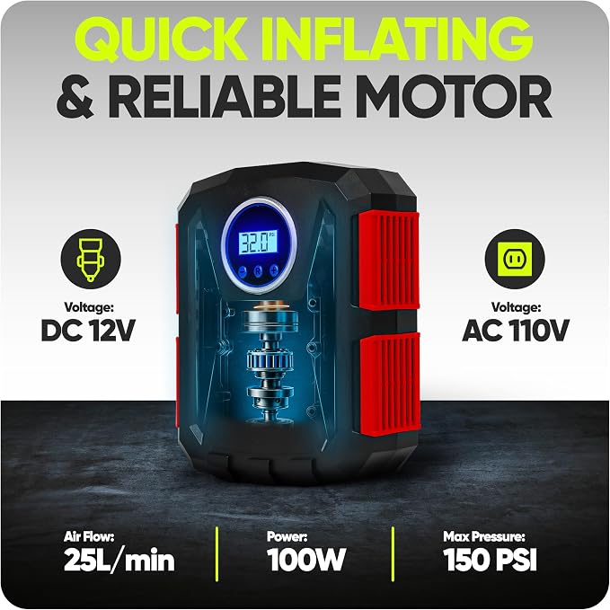 FORTEM Tire Inflator Portable Air Compressor, Air Pump for Car Tires and Bikes, Car Tire Pump w/Auto Shut Off, 150 PSI, 110V AC 12V DC, LED Light, Carrying Case, Perfect for Men, Women