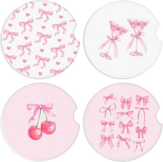Boao 4 Pcs Car Cupholder Coasters for Valentine's Day, Ceramic Coasters 2.56'' Anti Slip Base with Finger Notch for Dry Clean, Car Interior Accessories, Birthday Gifts(Pink Bow)