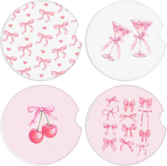 Boao 4 Pcs Car Cupholder Coasters for Valentine's Day, Ceramic Coasters 2.56'' Anti Slip Base with Finger Notch for Dry Clean, Car Interior Accessories, Birthday Gifts(Pink Bow)