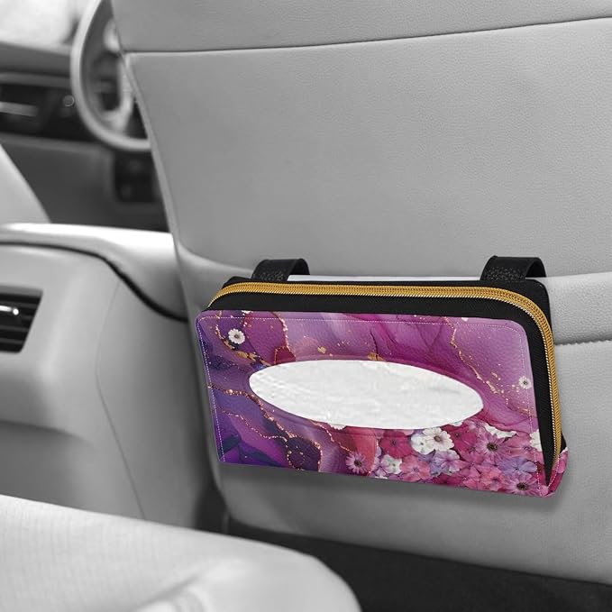 Purple Marble Flower Automotive PU Leather Backseat Tissue Case Holder Universal Car Visor Tissue Holder for SUV Sedans Vans