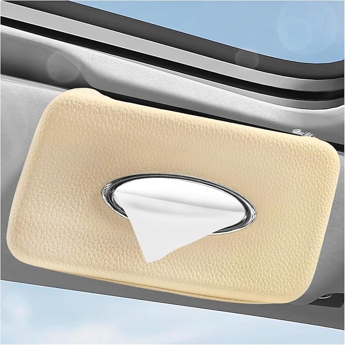 Car Tissue Holder, Microfiber Leather Auto Sun Visor Napkin Box with Zipper & Hooks, Universal Backseat Tissue Dispenser Case Visor Napkin Holder for Sedans Trucks SUVs (Beige)
