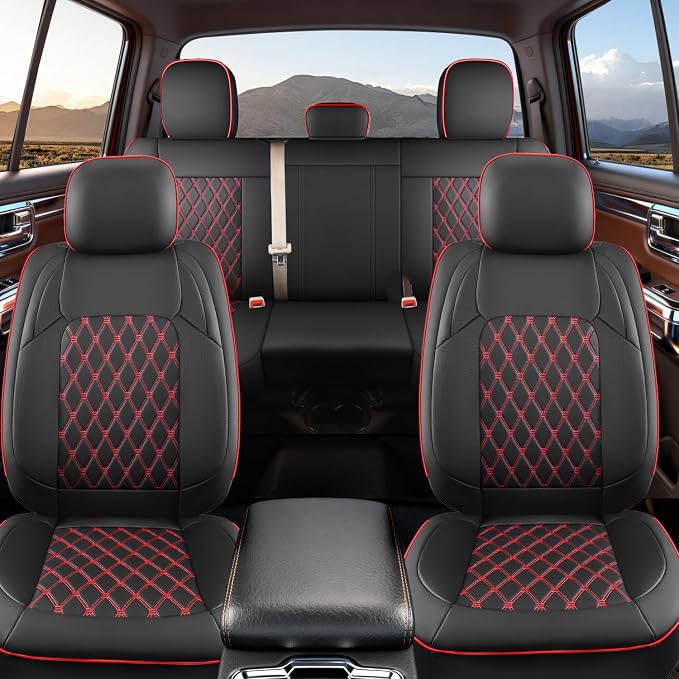 Custom Seat Covers fit for Dodge Ram 1500 2500 3500, Full Coverage Luxury Leather Ram Truck Seat Cover 2009-2025 Compatible with Crew Cab Double Quad Regular (Red, Full Set (Flat Front/Curved Rear))
