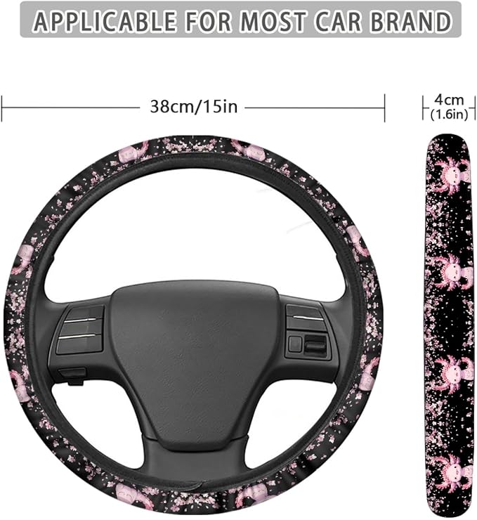 AFPANQZ Cartoon Axolotl Cherry Blossom Car Steering Wheel Cover Non-Slip Rubber Steering Wheel Covers Warm Breathable Sweat Absorption 15 Inches Pink