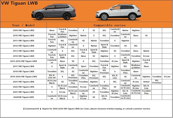 Kayme 6 Layers SUV Car Cover Custom Fit for VW Volkswagen Tiguan Allspace LWB (2018-2025) Waterproof All Weather for Automobiles, Outdoor Full Cover Rain Sun UV Protection.Silver