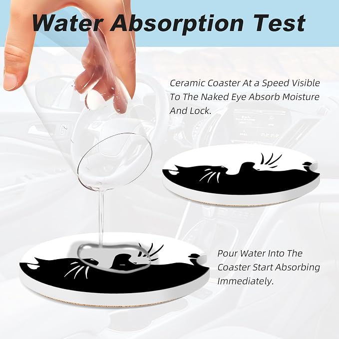 White and Black Cat Car Coasters for Cup Holders,2 Pack Car Cup Holder Coasters for Car,Ceramic Absorbent Car Coaster with A Finger Notch and Cork Base,Car Interior Accessories for Women Men