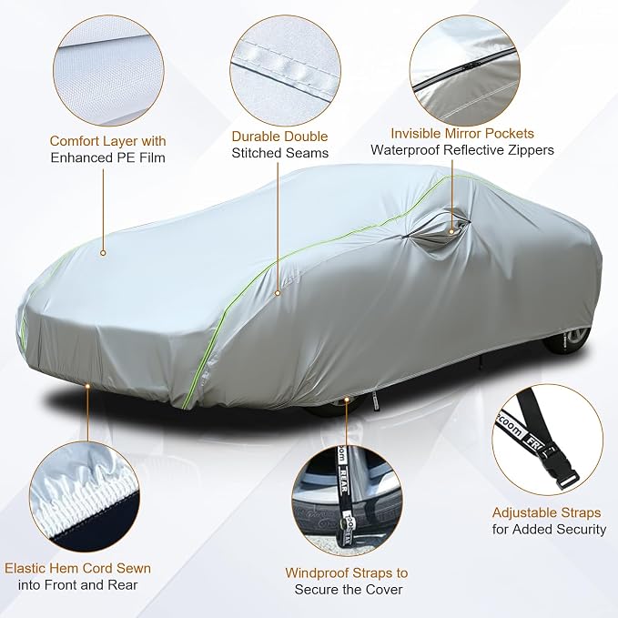 Tecoom Car Cover Waterproof All Weather, Windproof UV Sun Rain Snow Protection Outdoor Full Cover with Top Reflective Strip, Door Zipper, Fit for Coupe/Convertible/Sport Cars (183-193 Inches)