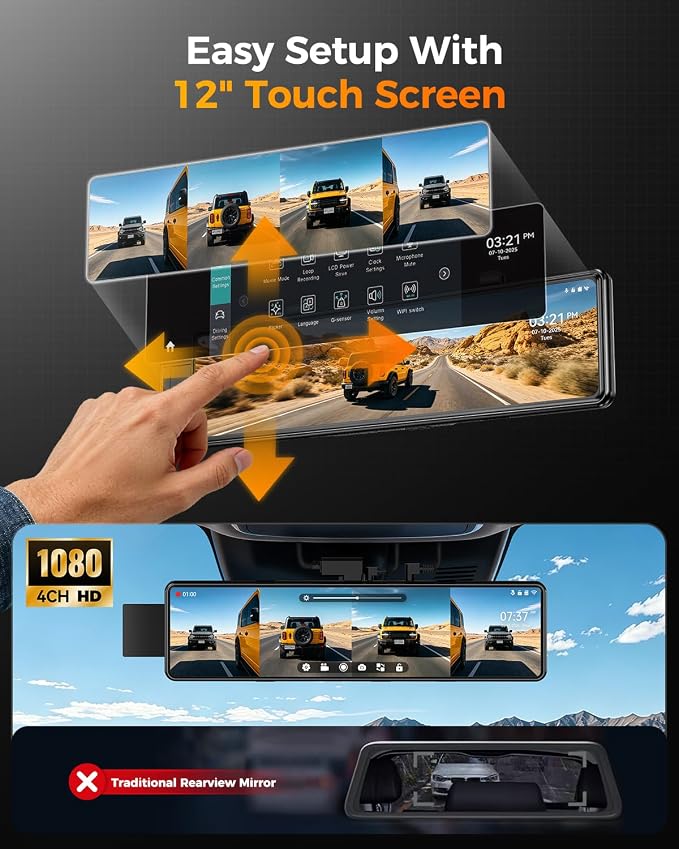 4 Channel Mirror Dash Cam,12" Rear View Mirror Camera,1080P Front Rear Left Right Dash Camera for Car, WiFi Smart Rear View Mirror Camera with 64GB Card, Night Vision, 24H Parking Monitor, G-Sensor